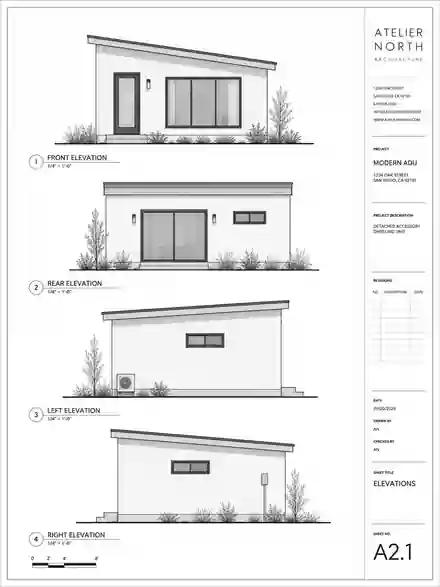 Architectural elevation drawings for a modern detached ADU