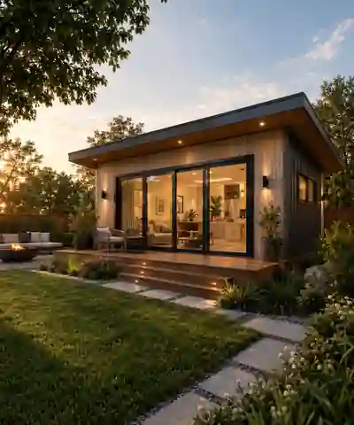 Photoreal backyard accessory dwelling unit exterior at golden hour