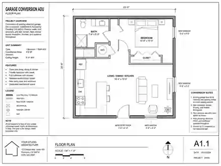Garage conversion ADU floor plan with one bedroom, bathroom, kitchen and living space