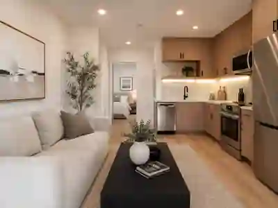 Photoreal open plan ADU living room and kitchen visualization