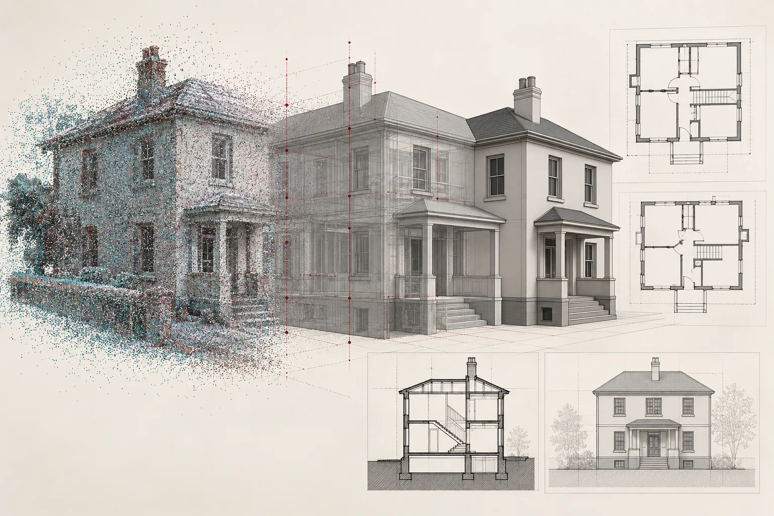 Existing house translated from point-cloud information into a BIM model and drawings