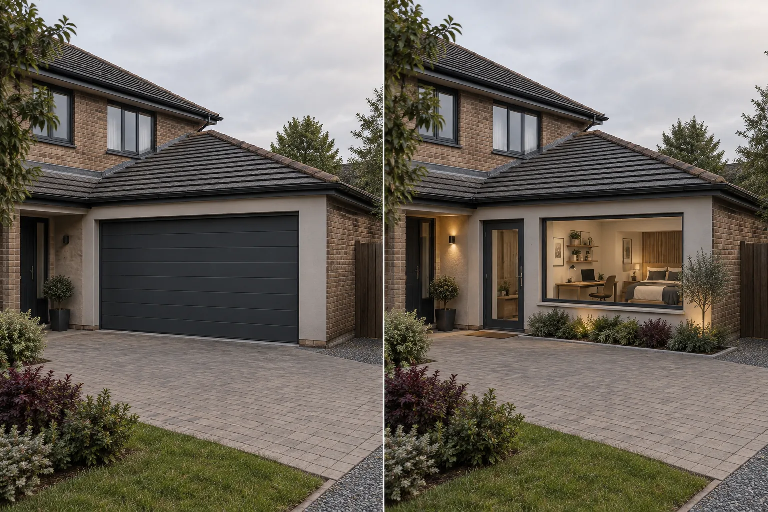Before and after visualization of a residential garage converted into a room