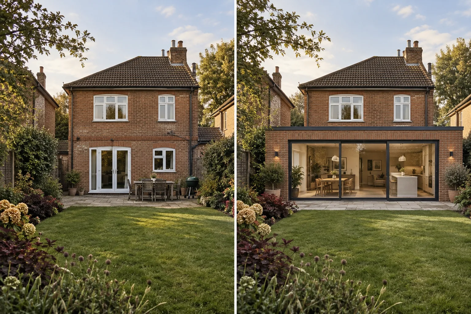 Before and after visualization of a rear extension to a brick family house