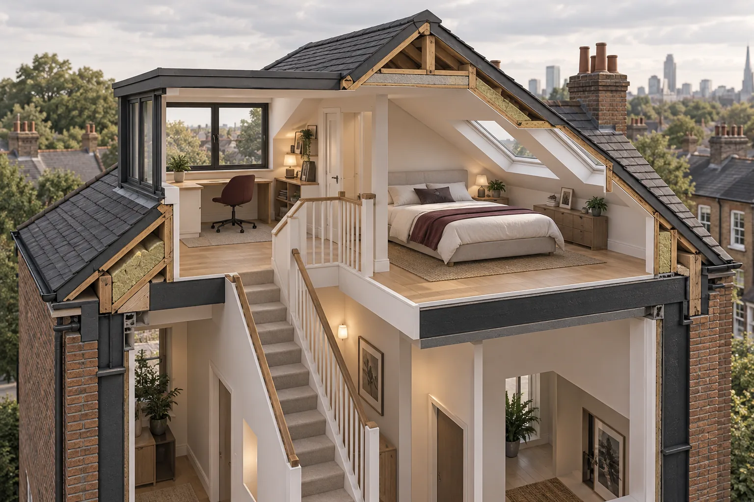 Sectional cutaway of a loft conversion showing stairs, dormer and roof windows