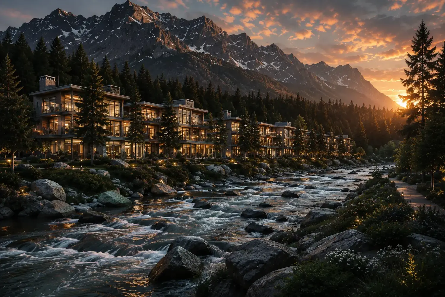 Alpine residences at dusk