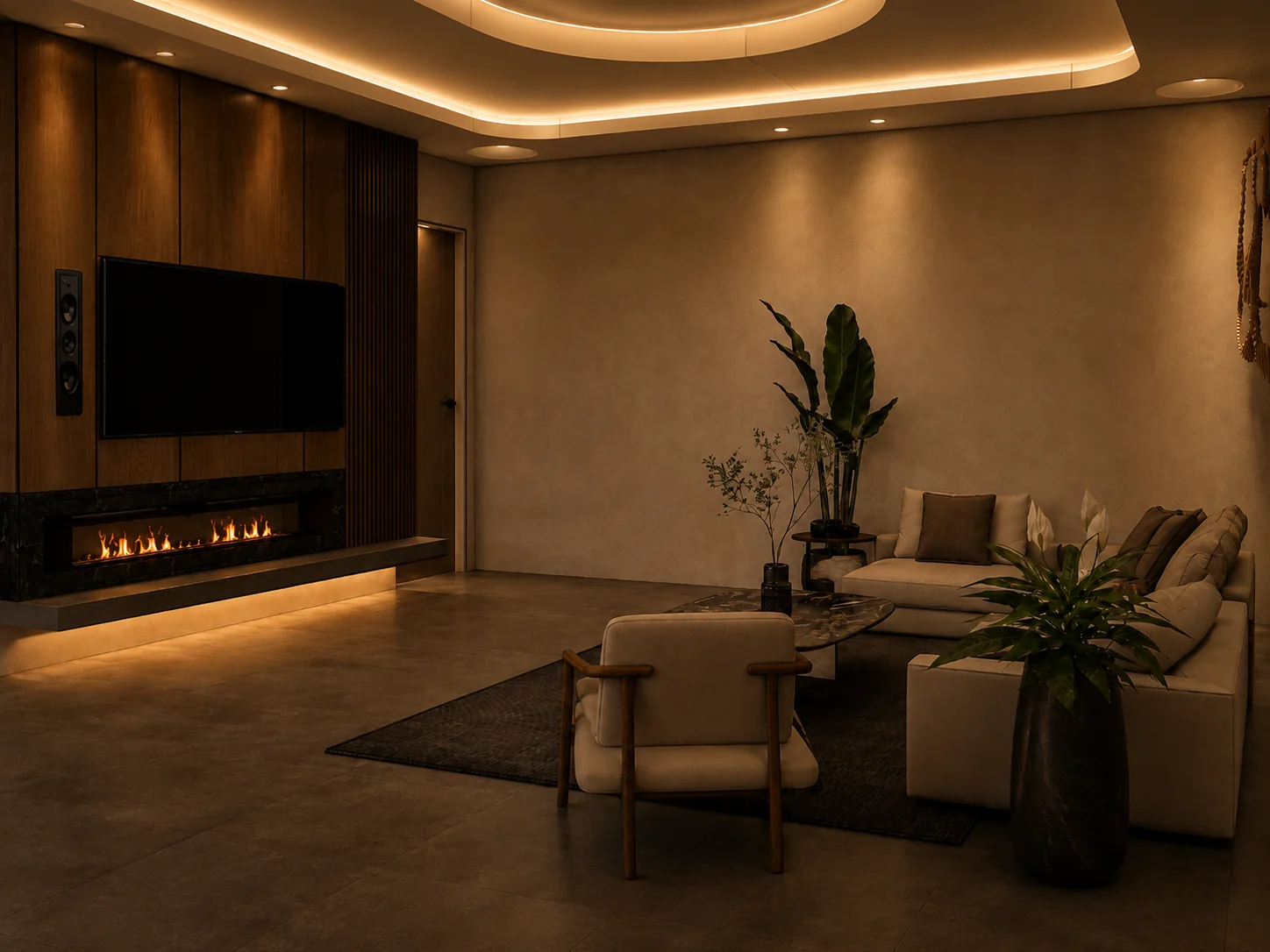Contemporary residential interior with warm materials