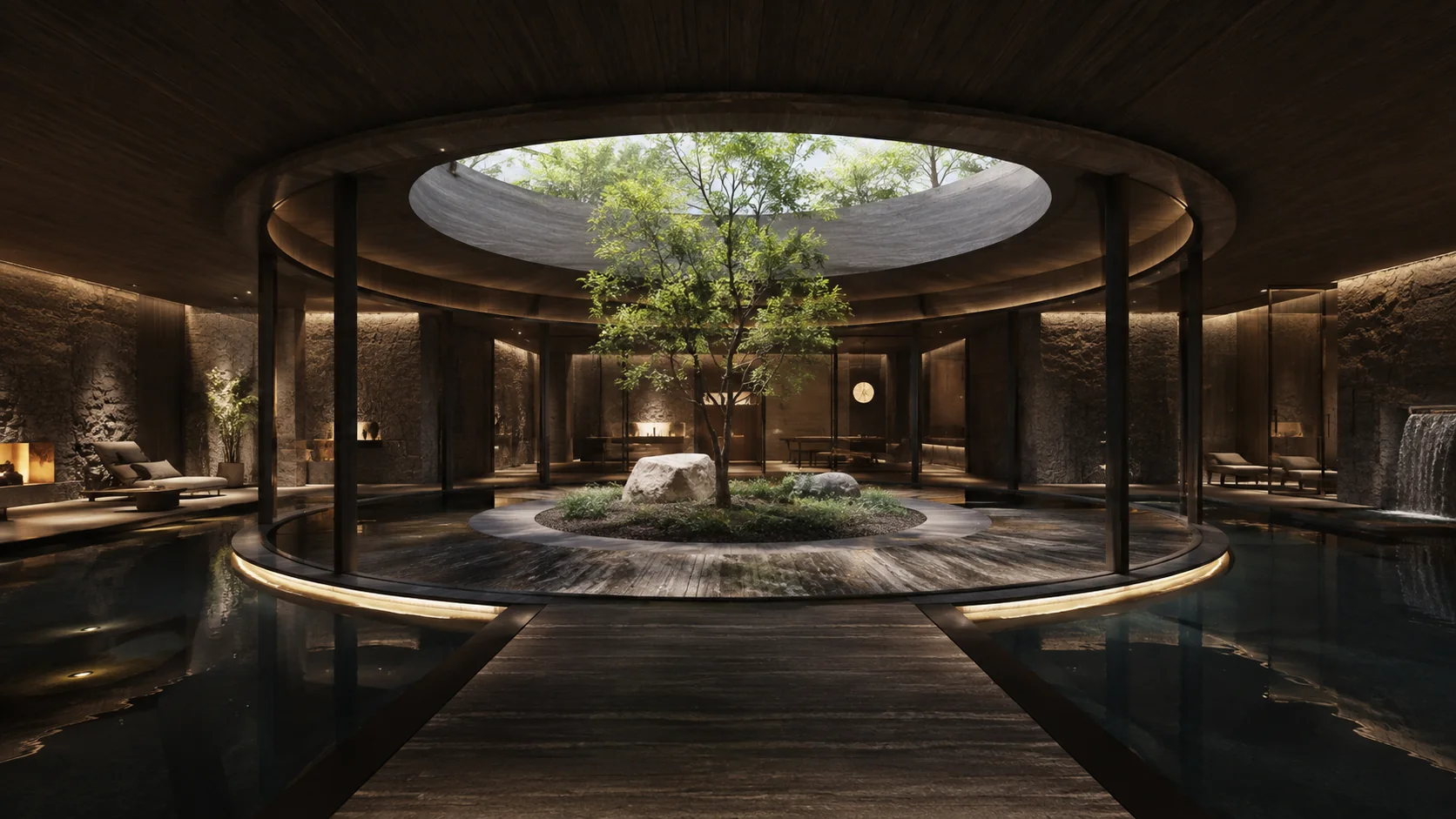 Finished residential courtyard visualization with connected living zones