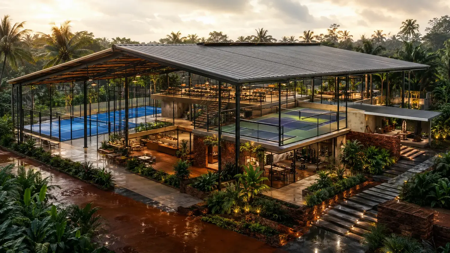 Tropical clubhouse architectural visualization at golden hour