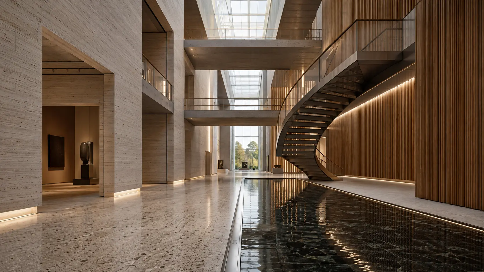 Material, daylight and water study in a public interior
