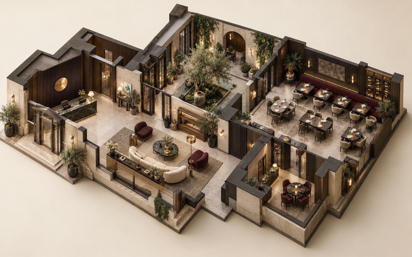 Finished axonometric visualization of a boutique hospitality interior