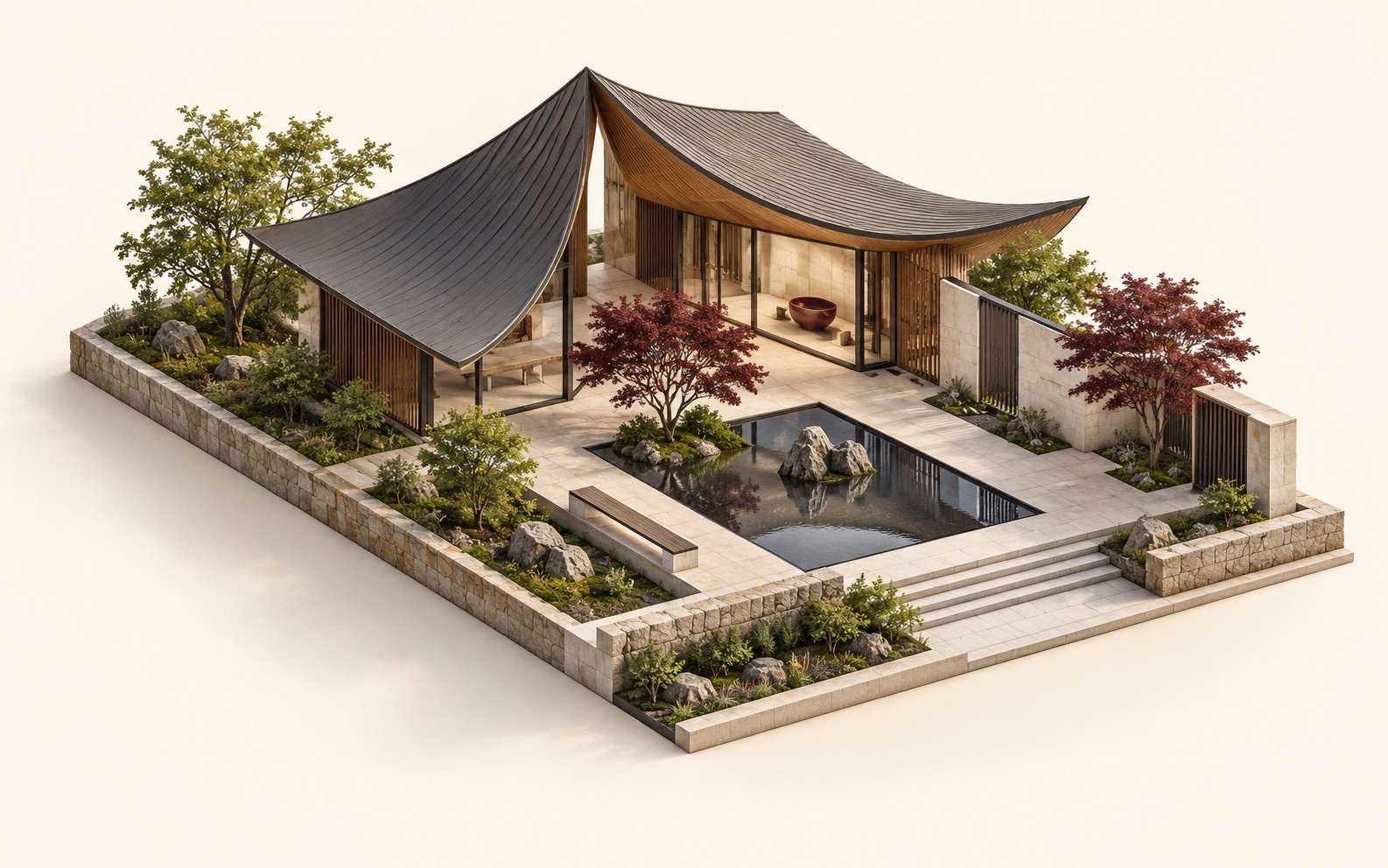 Finished axonometric visualization of a landscaped cultural pavilion