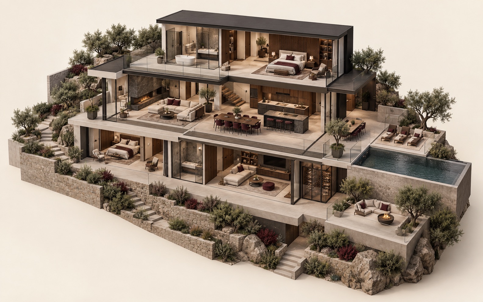 Finished axonometric visualization of a contemporary hillside residence