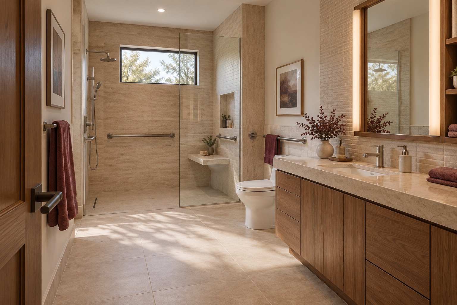 Concept render of a warm residential bathroom with level shower entry, discreet wall support and even vanity lighting