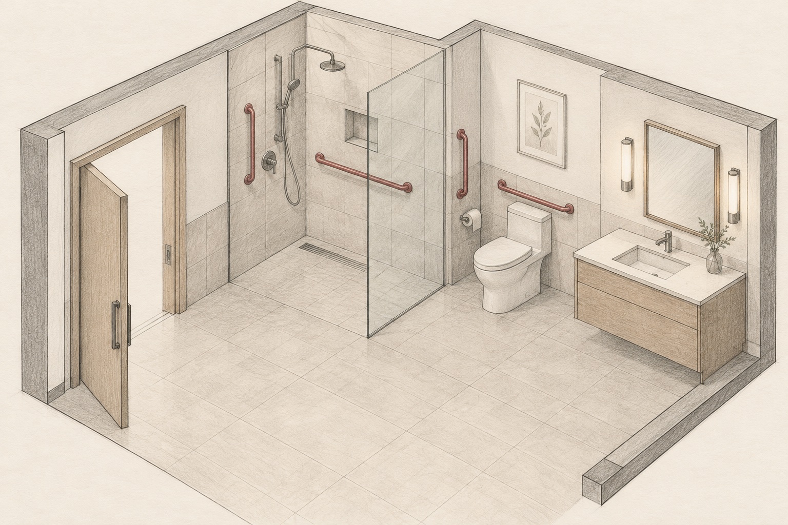 Image-generated axonometric bathroom concept sketch showing a clear floor, level shower transition, support positions and vanity lighting