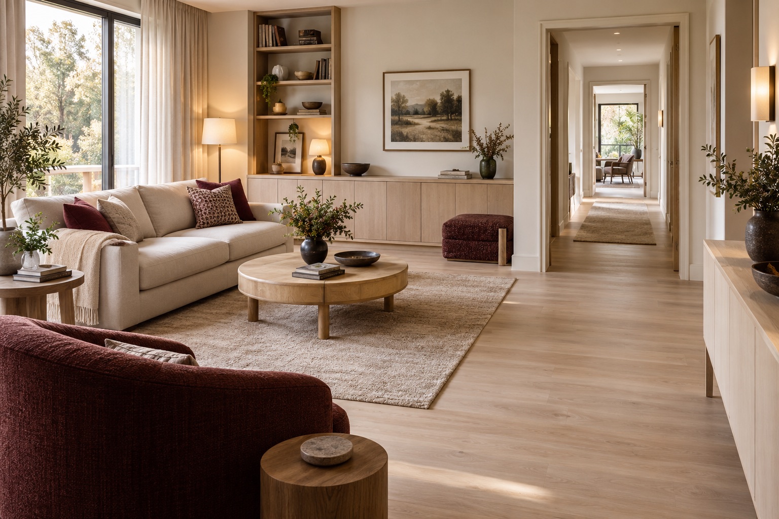 Concept render of a warm living room with a clear route to the hall, integrated storage and layered lighting