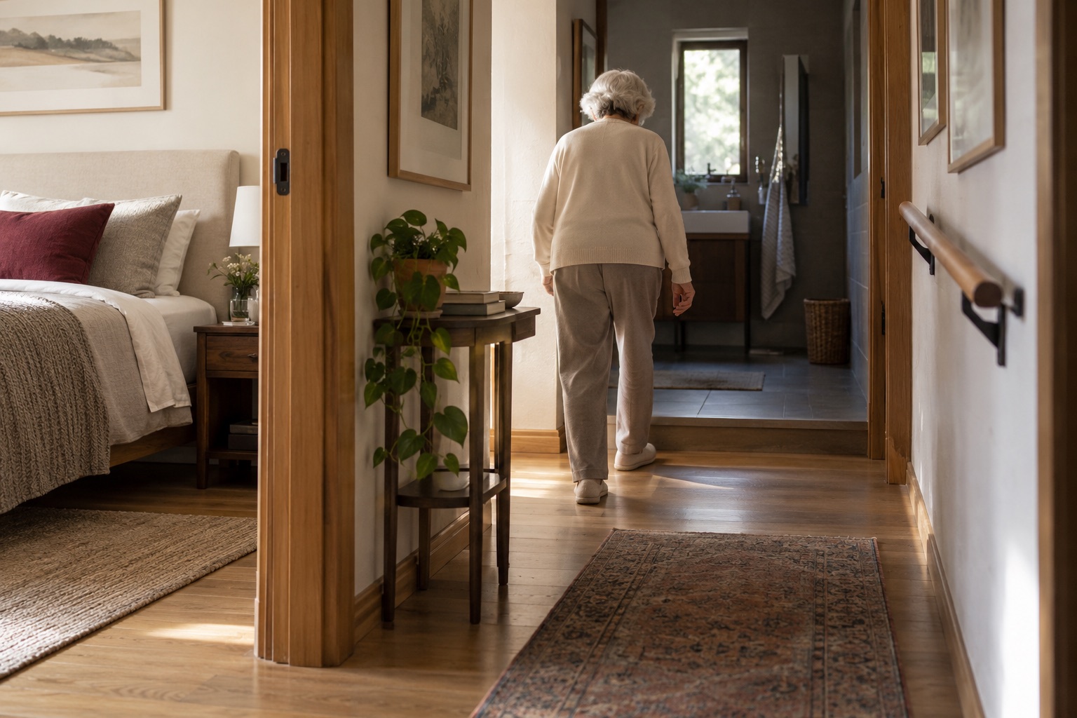 Concept render of an older adult moving from bedroom toward bathroom through a residential corridor with a raised threshold and furniture in the route