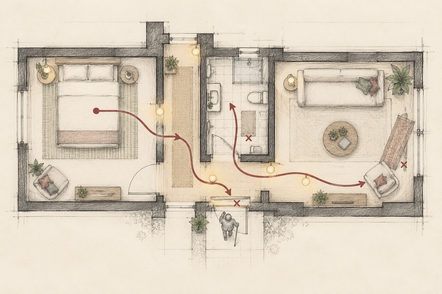 Image-generated architectural concept plan tracing a daily route through bedroom, bathroom and living spaces, with light points and possible obstacles