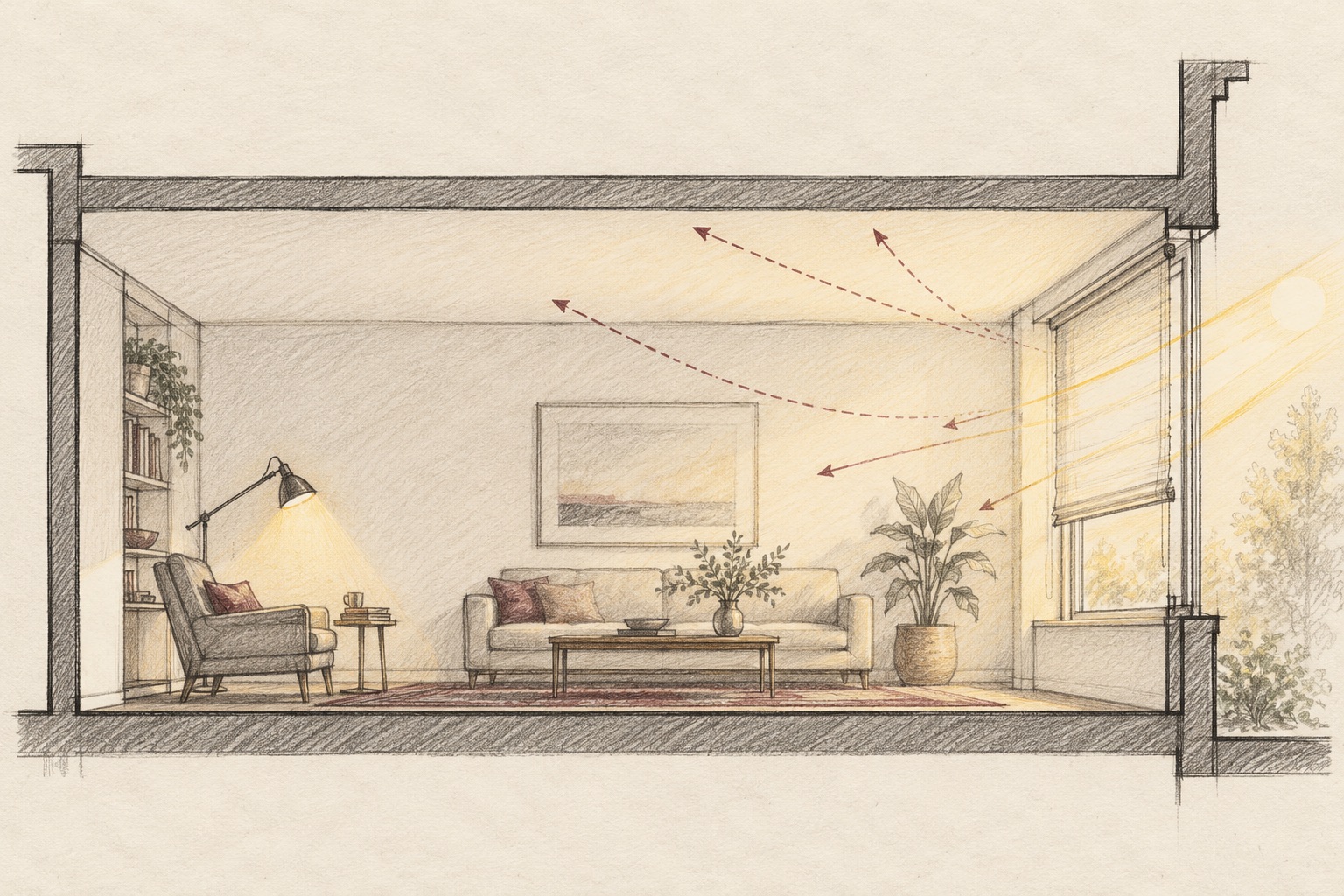 AI-generated architectural section sketch showing filtered light at a window, indirect light across a room and a task lamp at a reading chair