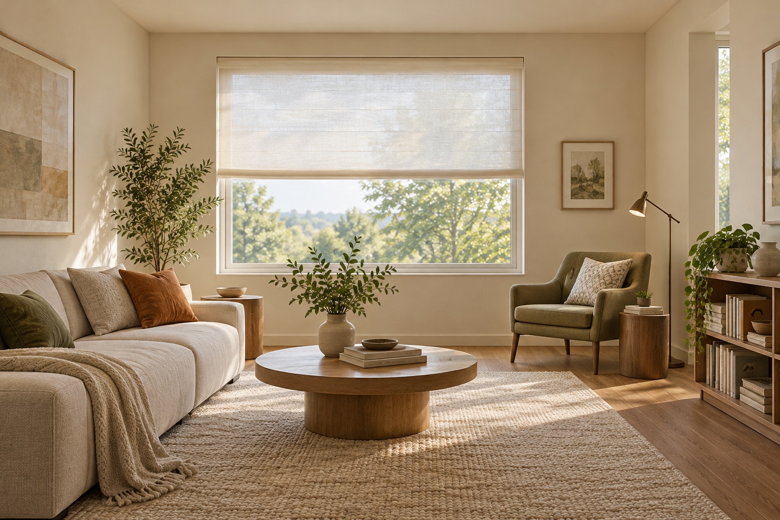 AI-generated concept render of a living room with a diffusing window shade, pale matte walls, clear view and a separate reading lamp
