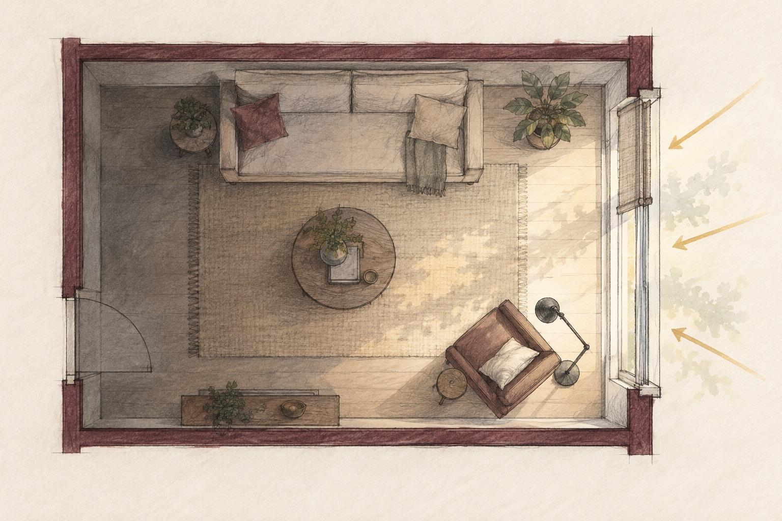 AI-generated top-down architectural concept sketch of a living room showing bright area at a right-side window and a darker rear seating zone