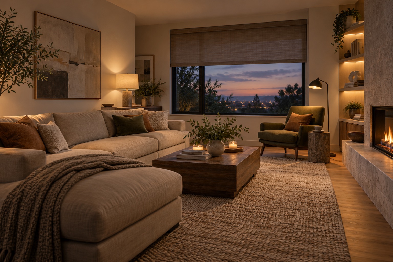 AI-generated evening concept render of a living room with warm ambient lighting and a separate lamp beside a reading chair