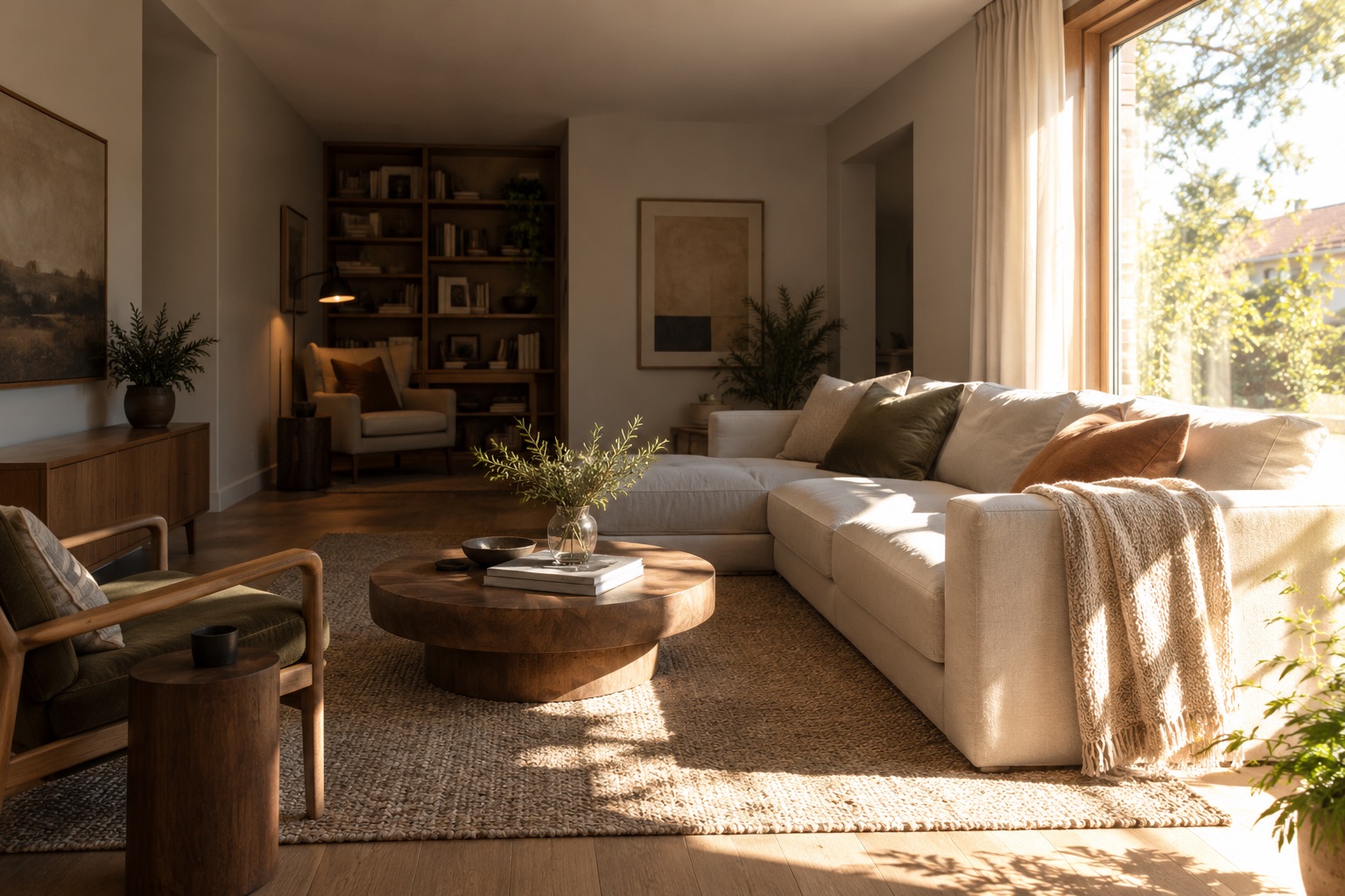 AI-generated interior concept showing a bright window and sunlit sofa beside a dim reading area at the back of a living room