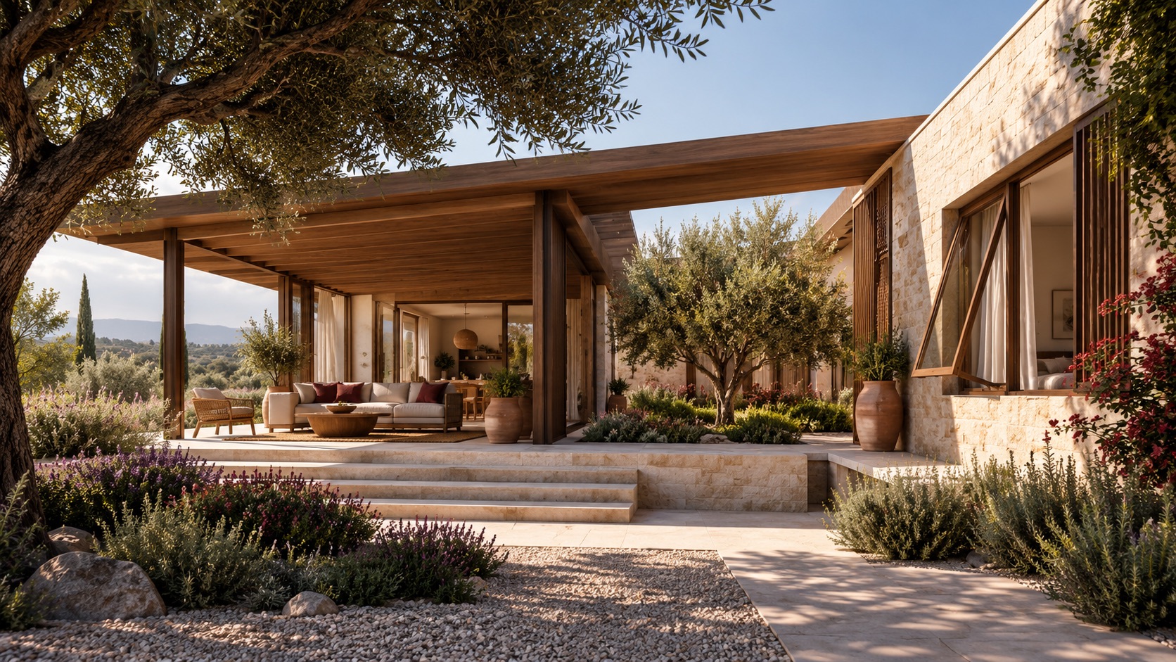 Concept render of a shaded home courtyard with deep overhangs, planting and open windows