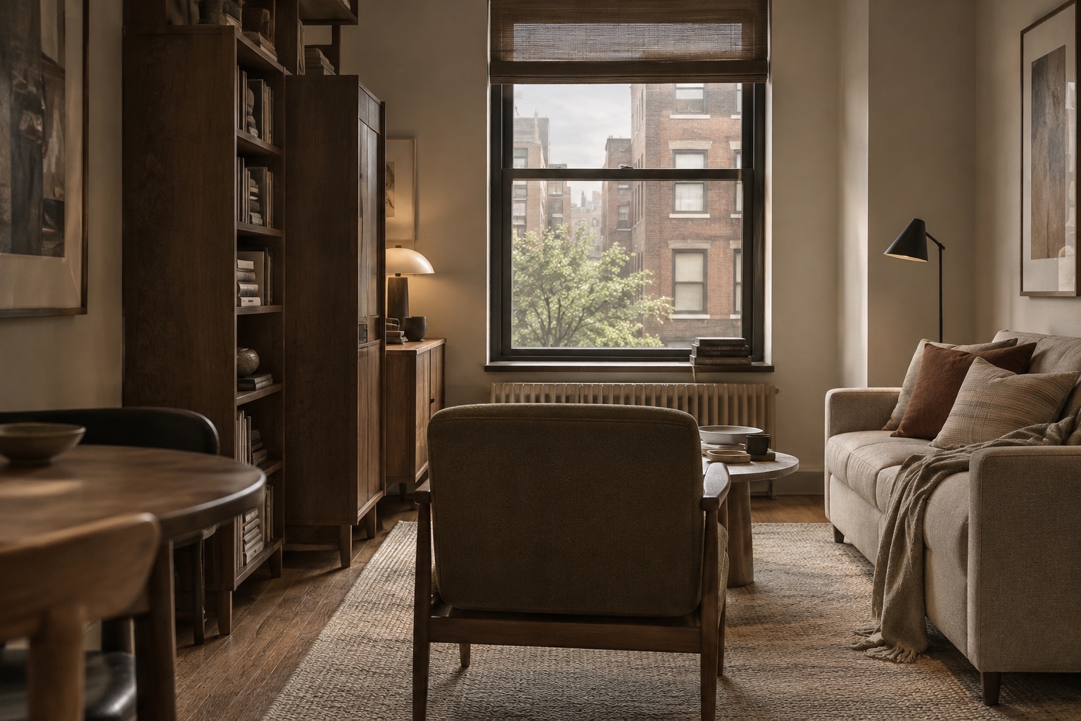 AI-generated concept of a compact urban living room with tall furniture close to its only window and a partially overlooked street-tree view