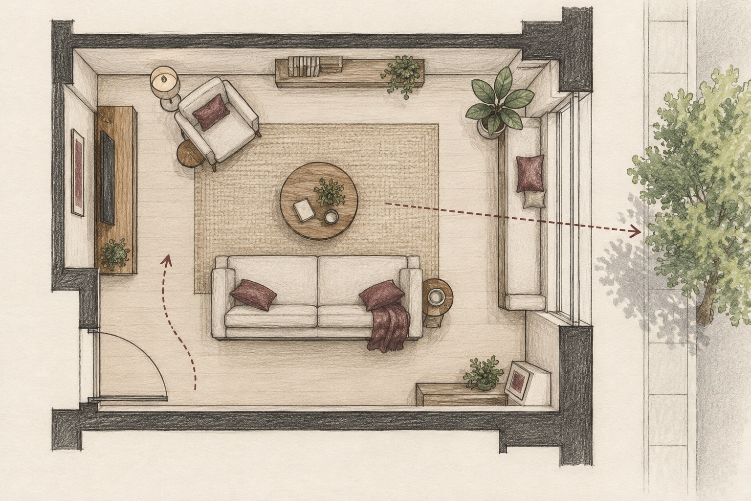 AI-generated top-down apartment concept sketch showing a clear seated sightline through a window toward one street tree and an open route from the door