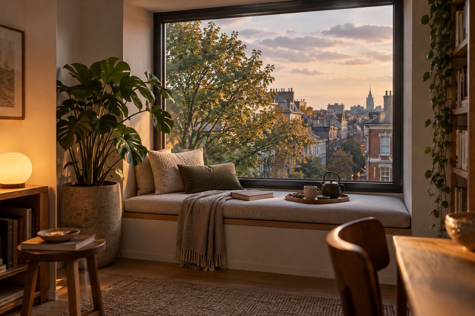 AI-generated dusk render of a compact indoor window bench with a plant, lamp and view of an urban street tree, without a private garden or balcony