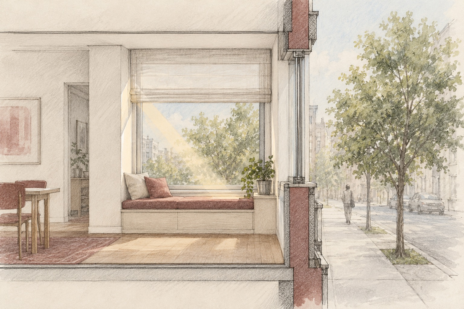 AI-generated architectural section concept sketch showing an interior window bench, adjustable shade, side planter, daylight and a street tree outside