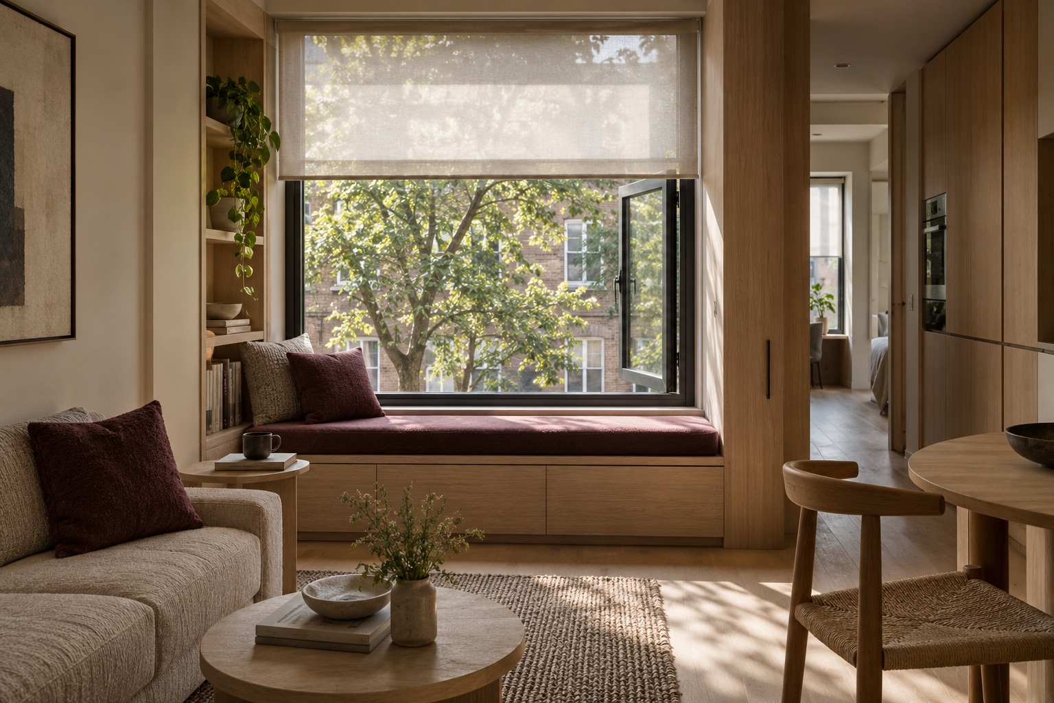 AI-generated apartment concept render with a low window seat, a street-tree view, an adjustable shade and a small indoor plant beside the window