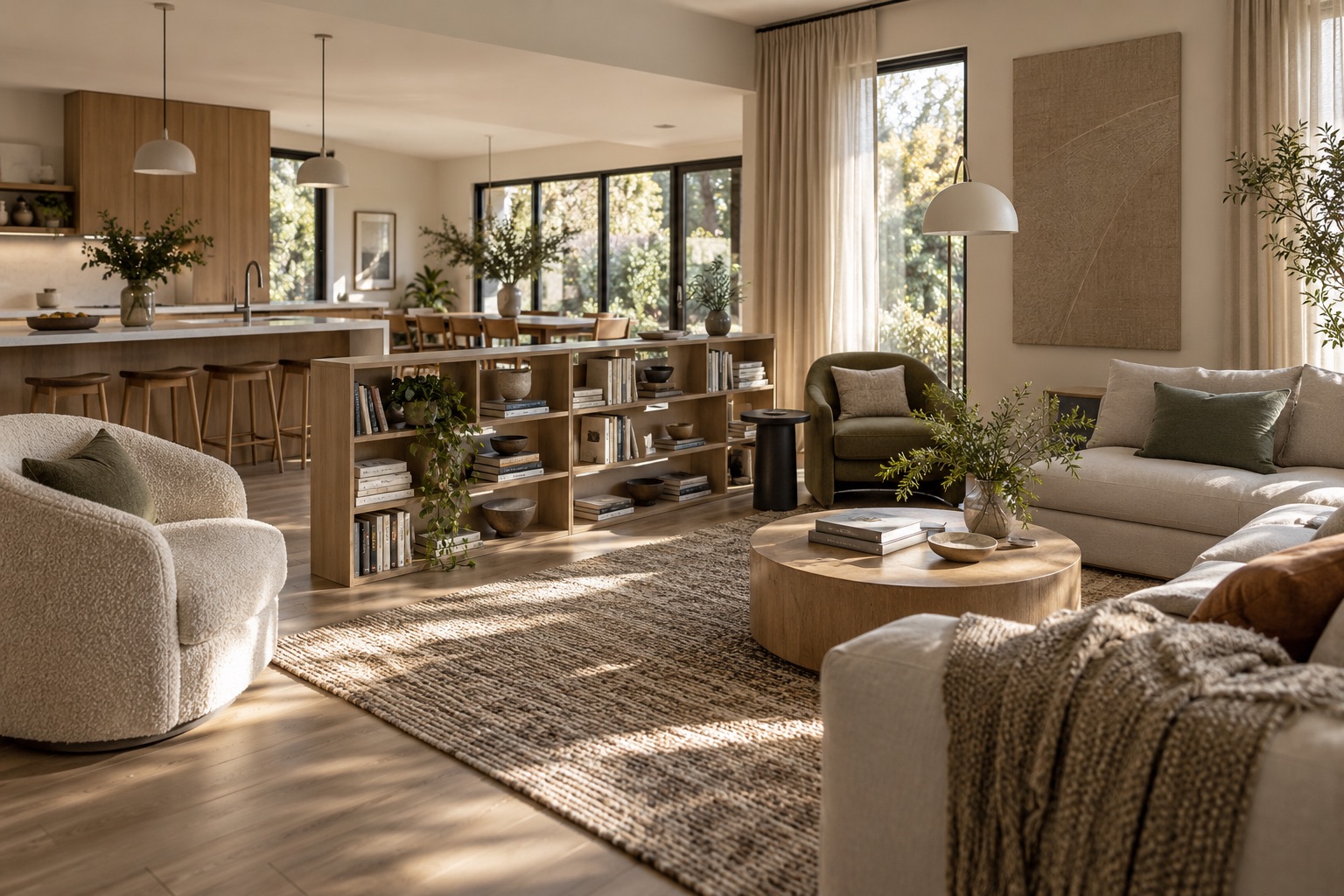 AI-generated concept render of an open-plan home with a rug, upholstered seating, curtains and a low bookshelf separating living from kitchen activity
