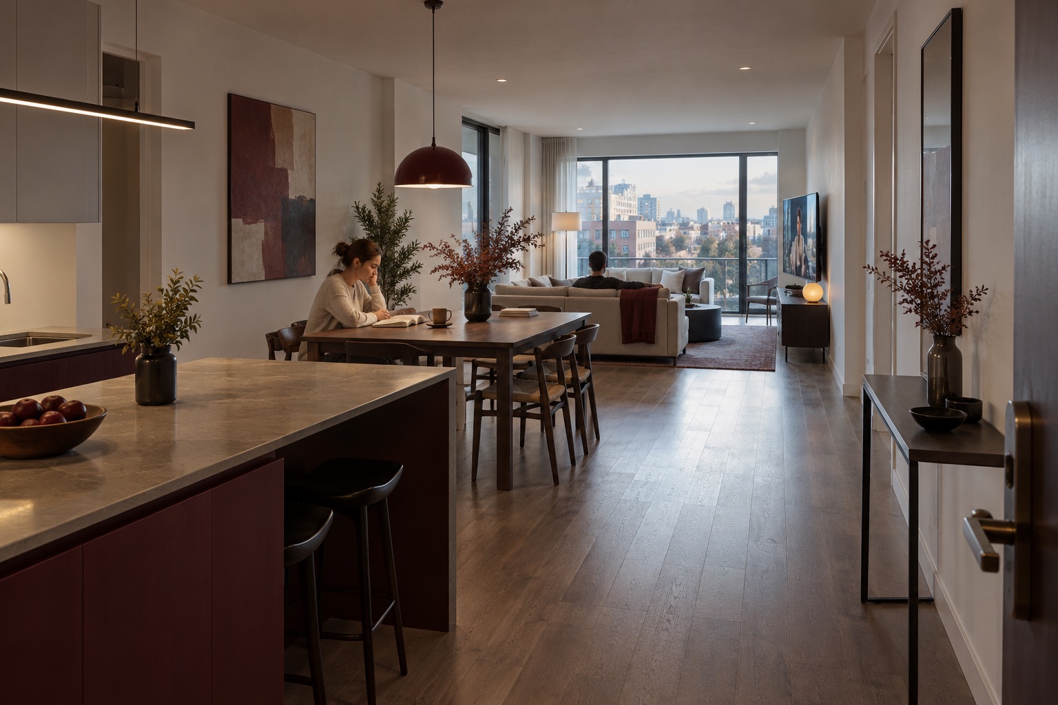AI-generated concept render of an open-plan kitchen, dining and living area where a person reads near a television and the entrance overlooks the entire room