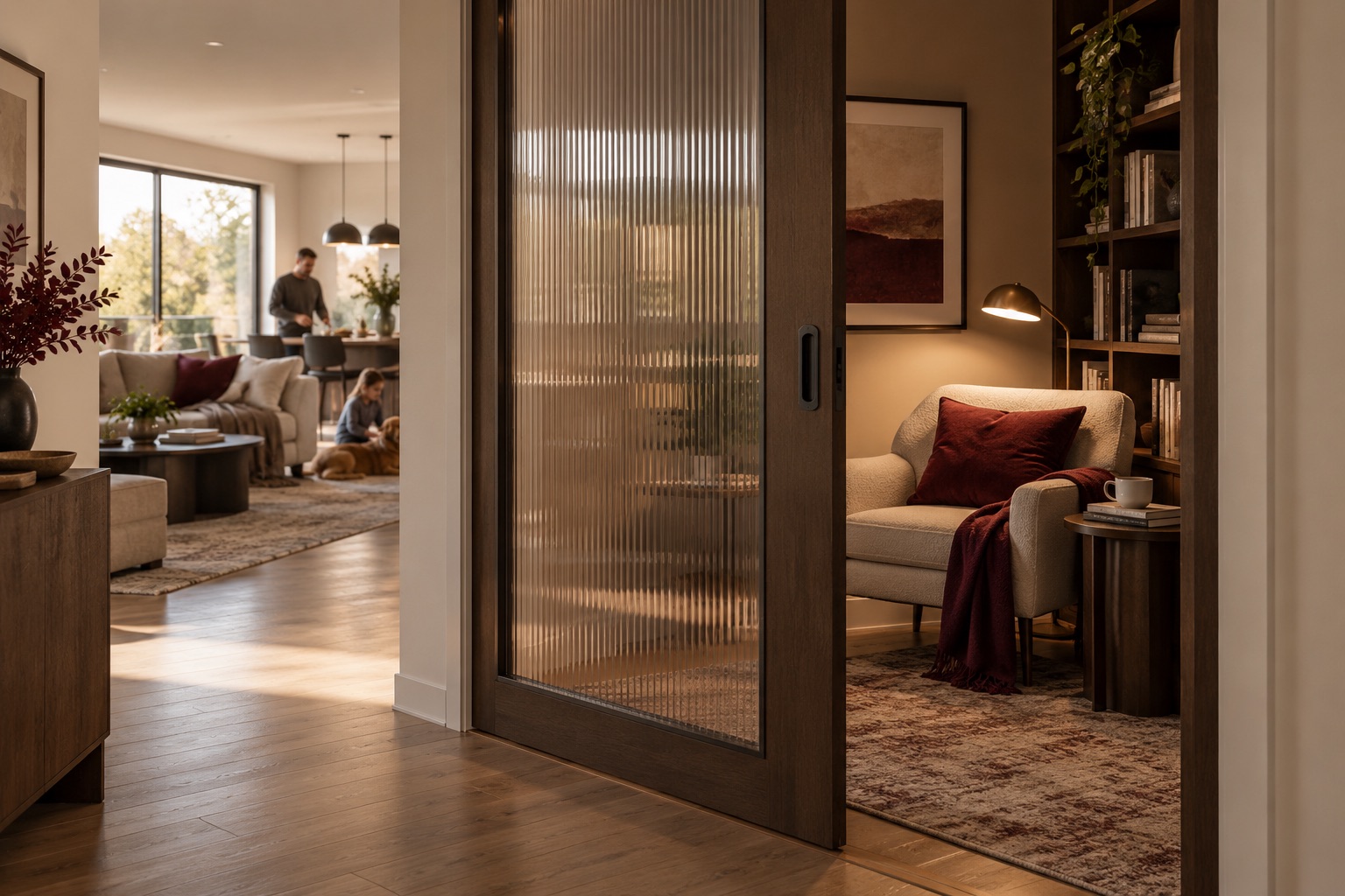 AI-generated concept render of a reading retreat with a reeded-glass sliding panel beside an active open-plan living area