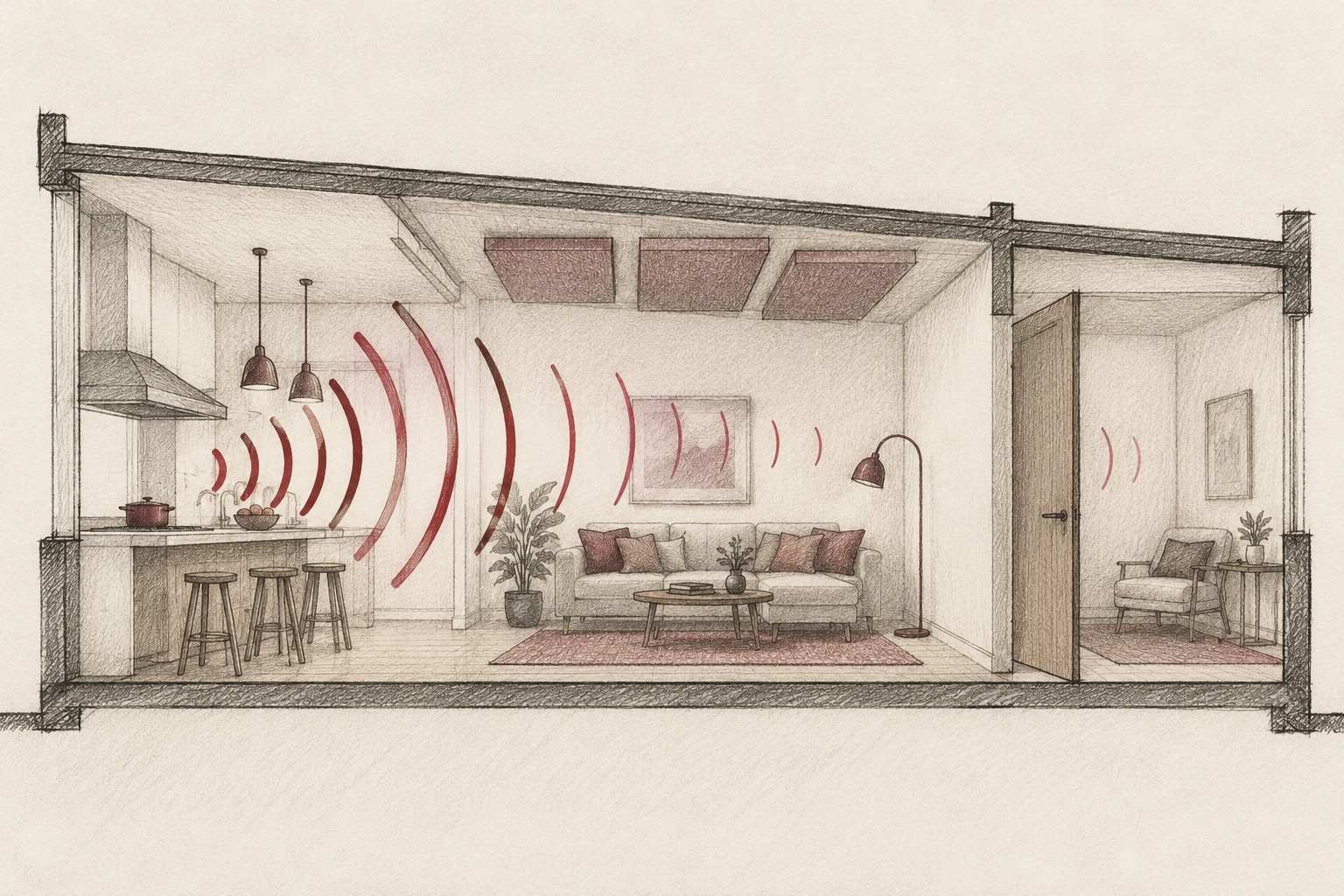AI-generated architectural section sketch of kitchen, soft-furnished living area and separate room with a door, with illustrative sound-path marks