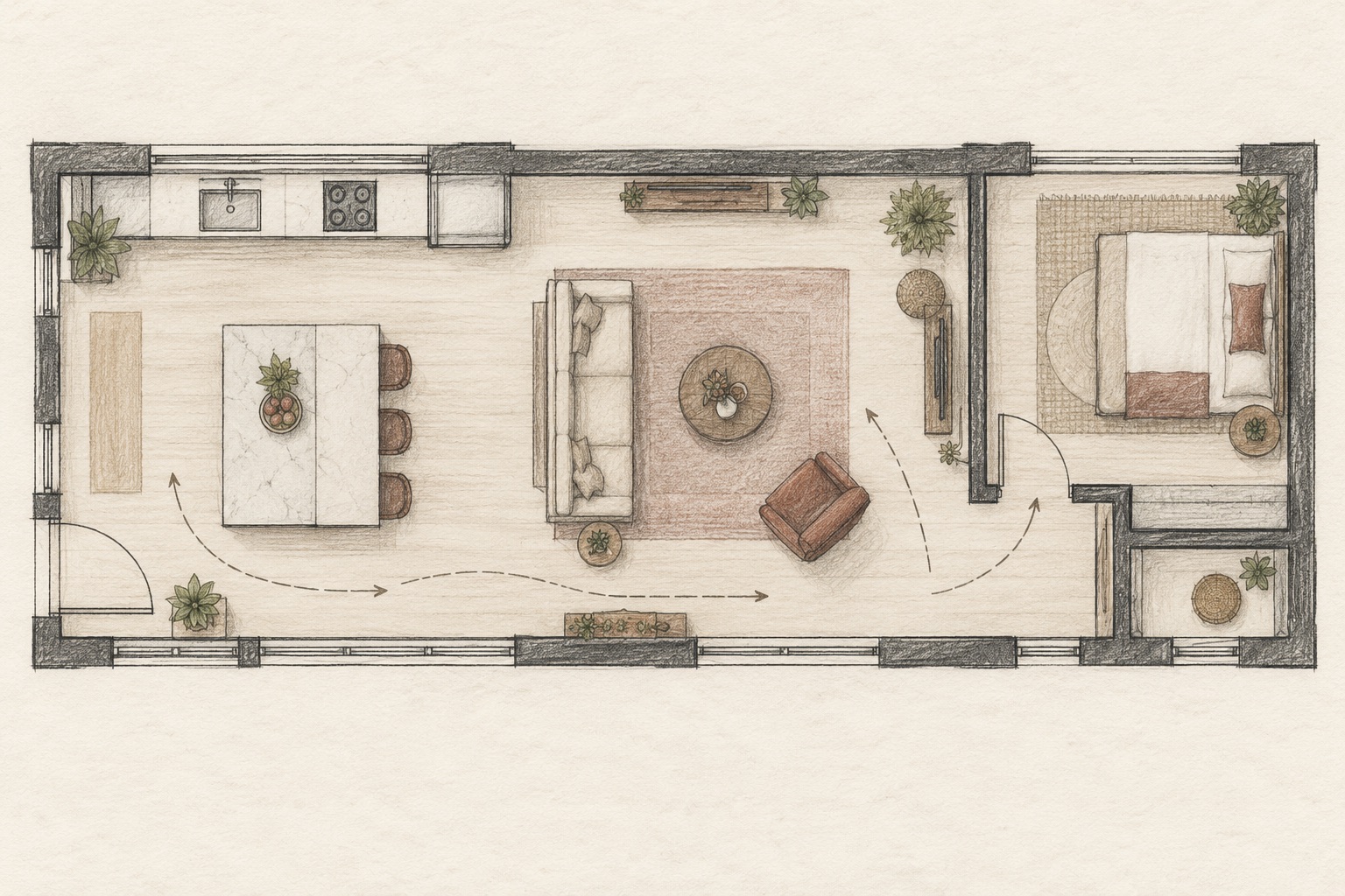 AI-generated top-down concept sketch of kitchen, living area and closeable side room with a clear circulation route