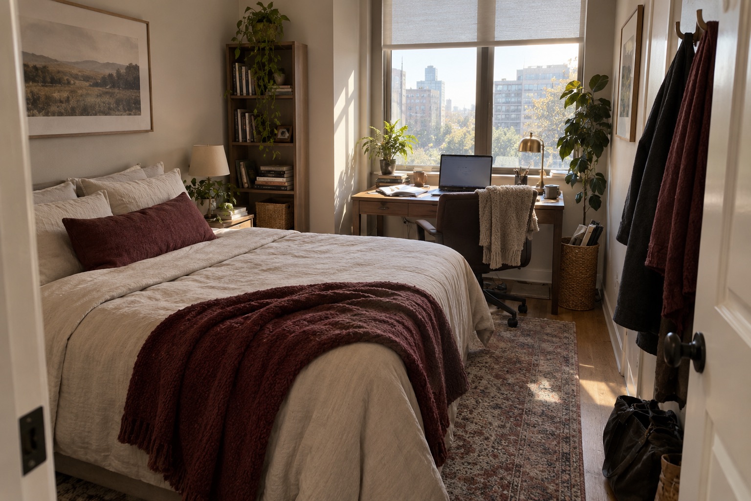AI-generated concept render of a cramped spare bedroom with a large bed, a desk facing a bright window and limited clear floor space
