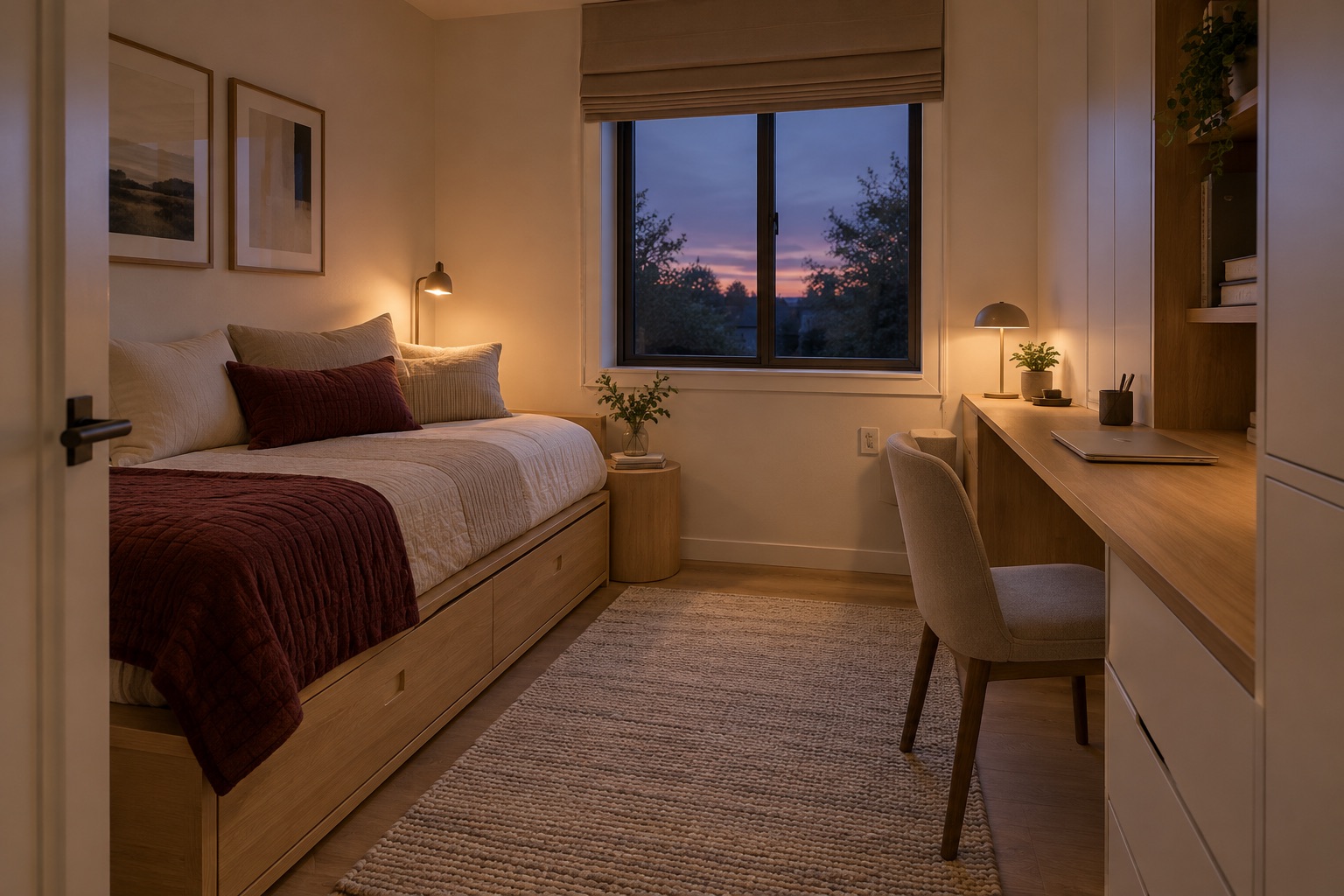 AI-generated evening concept render of a small room with a made-up daybed for a guest, closed work materials, desk and clear walking space