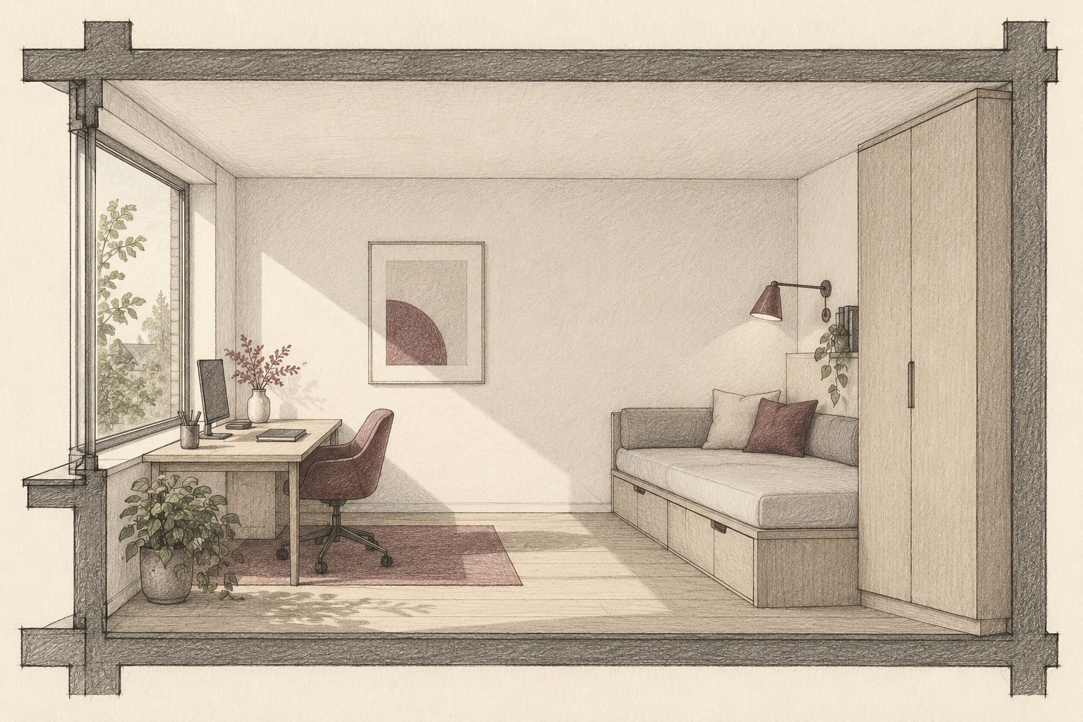 AI-generated architectural section sketch showing a small room's window, desk, fixed daybed, reading light and tall storage
