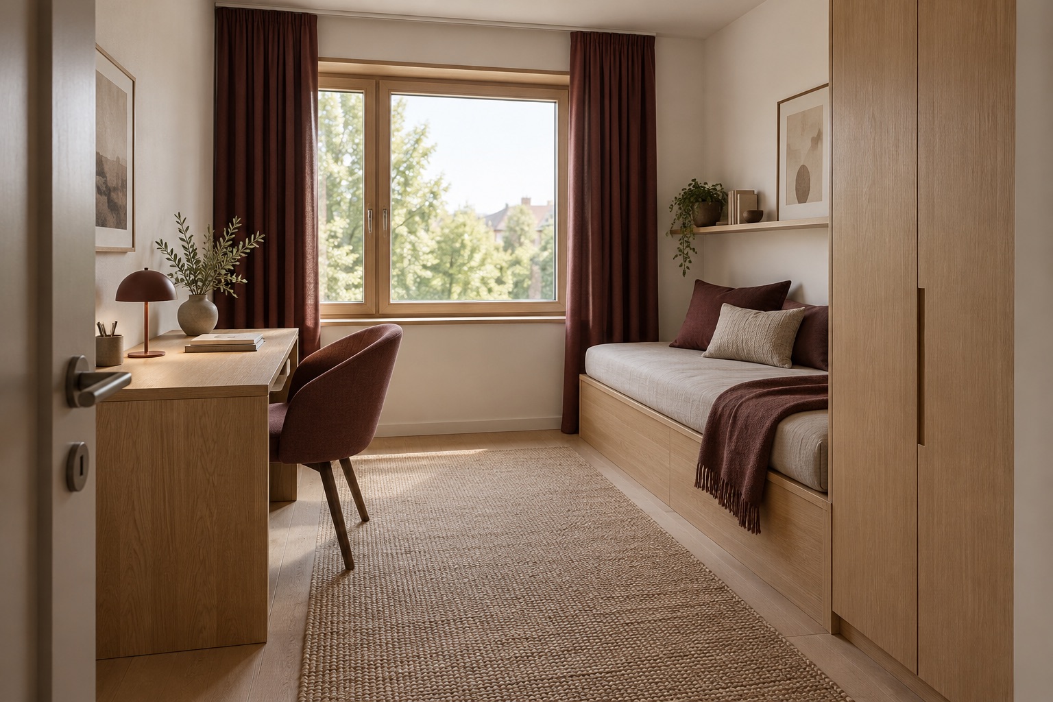 AI-generated concept render of a compact work-and-guest room with desk perpendicular to the window, daybed opposite and closed storage