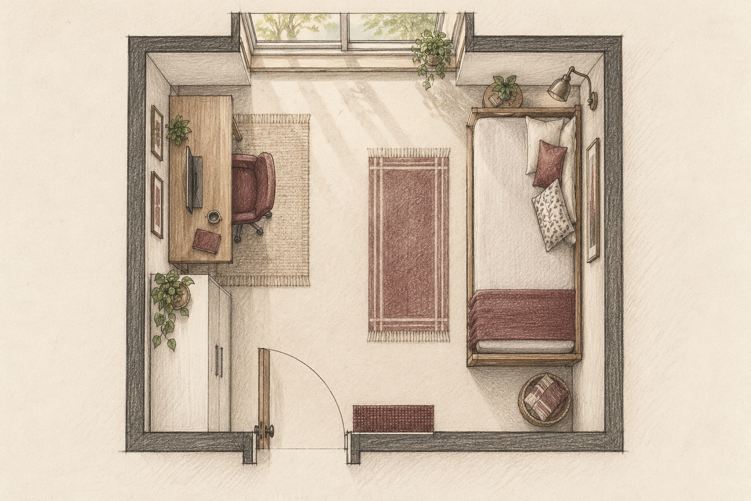 AI-generated top-down architectural concept sketch showing a spare room with a desk, daybed, closed storage, window and clear route from the door
