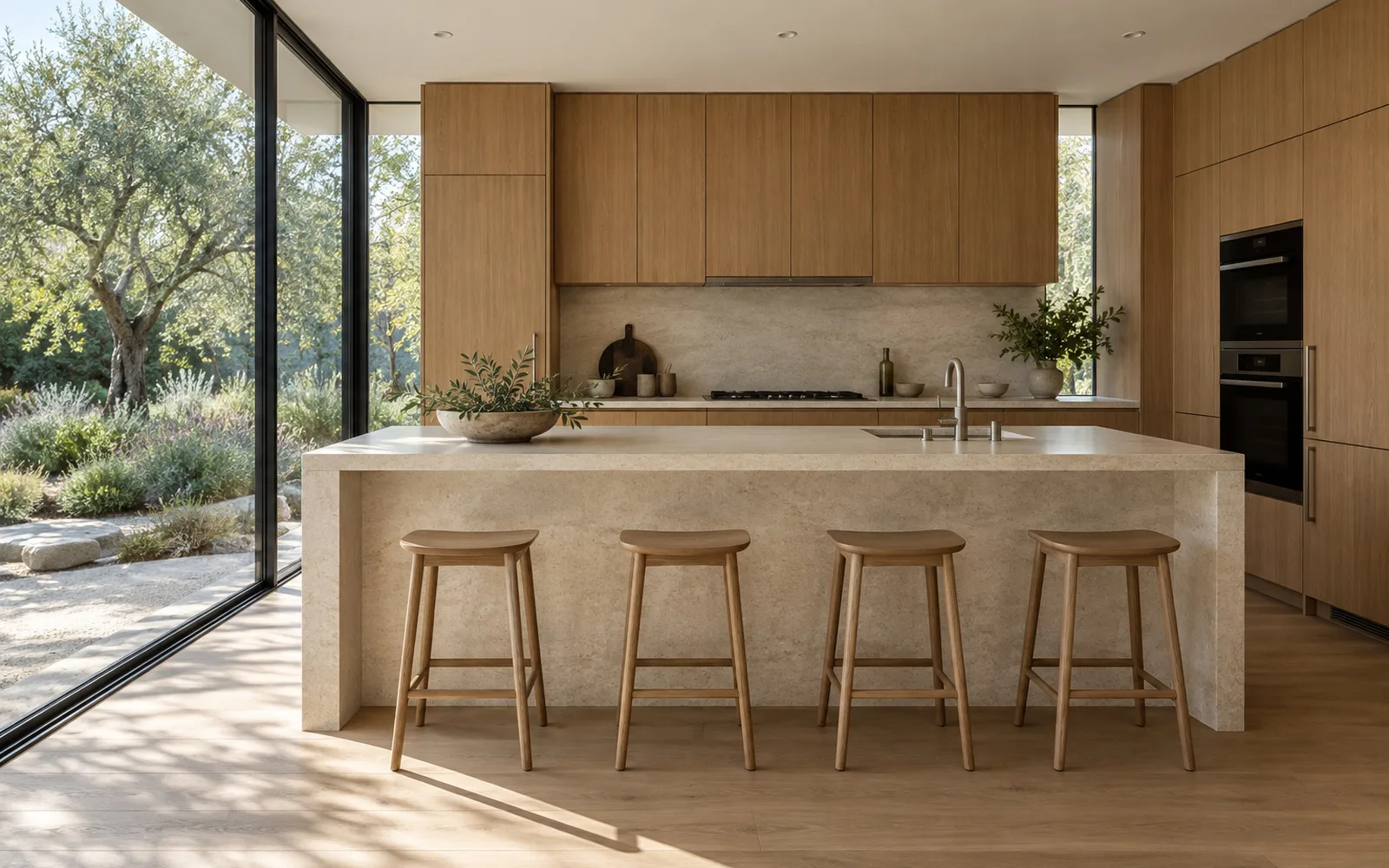 Finished kitchen visualization with island seating and garden connection