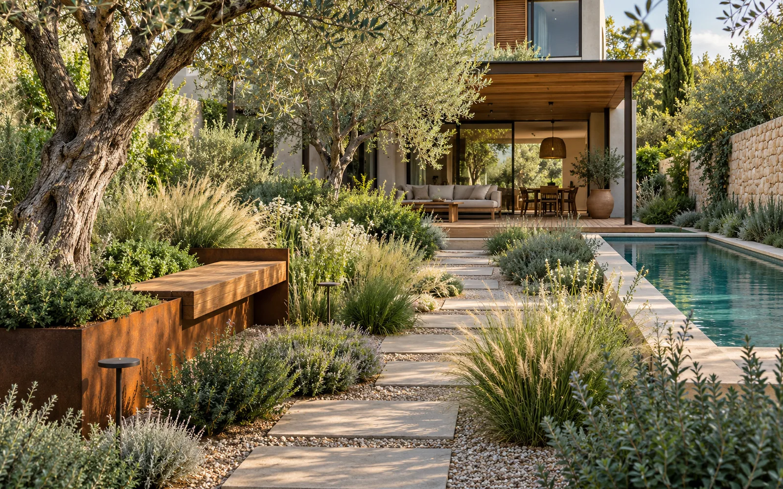 Landscape View from the pool and outdoor living visualization concept study
