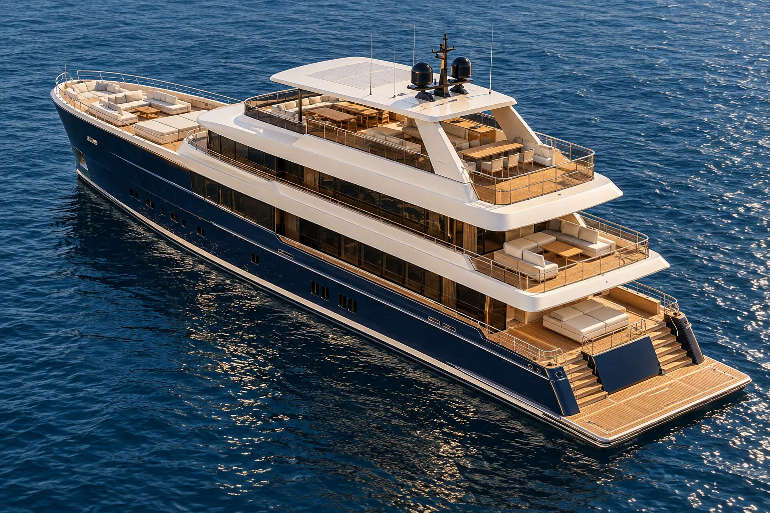 Exterior Aerial from the yacht exterior concept and deck planning concept study