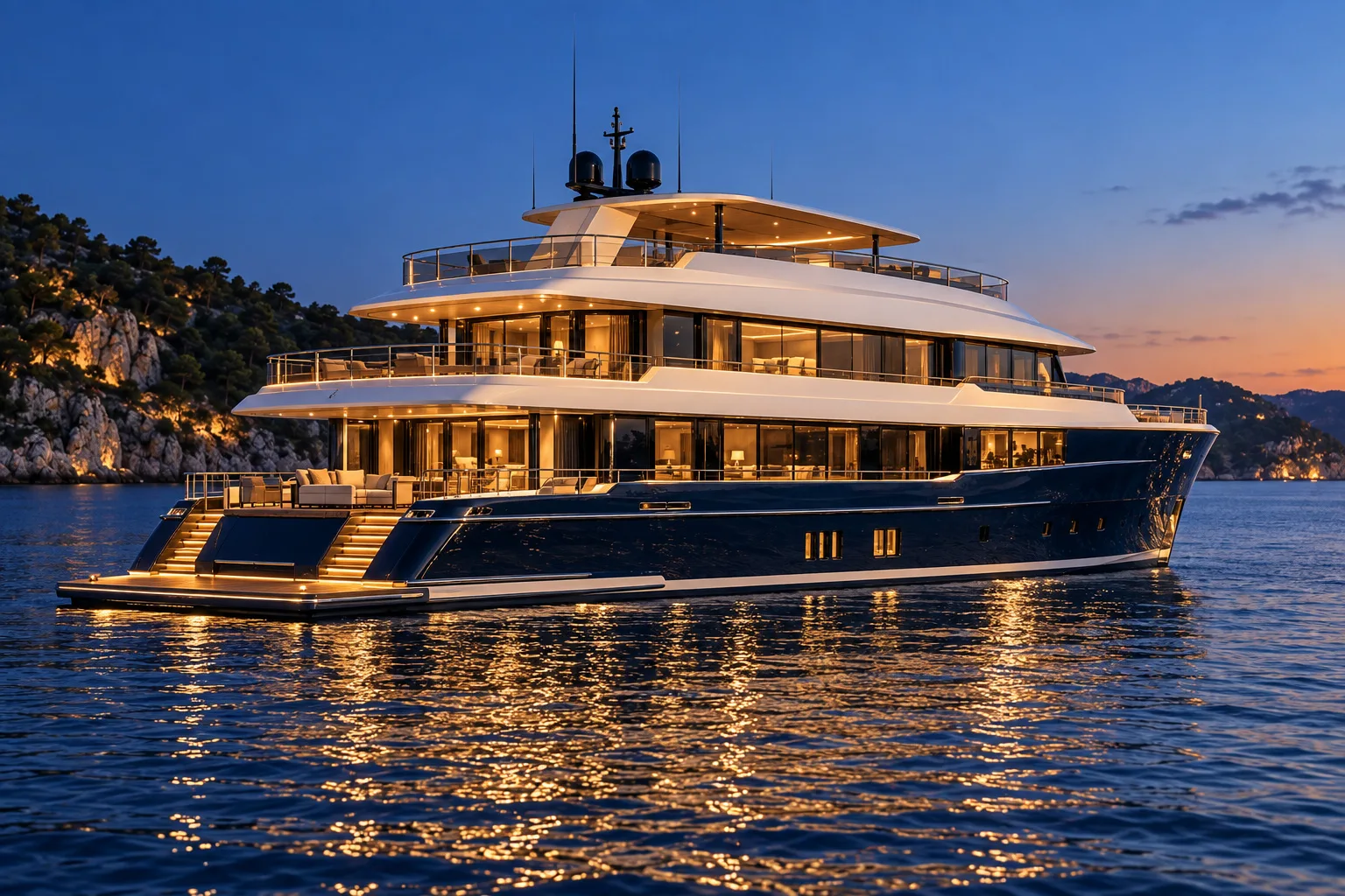 Exterior Evening from the yacht exterior concept and deck planning concept study
