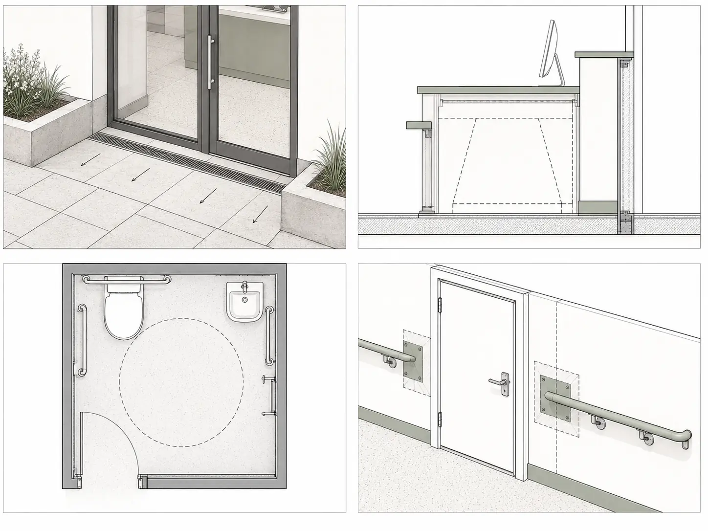 Accessibility details showing threshold, counter, toilet and grab-rail interfaces