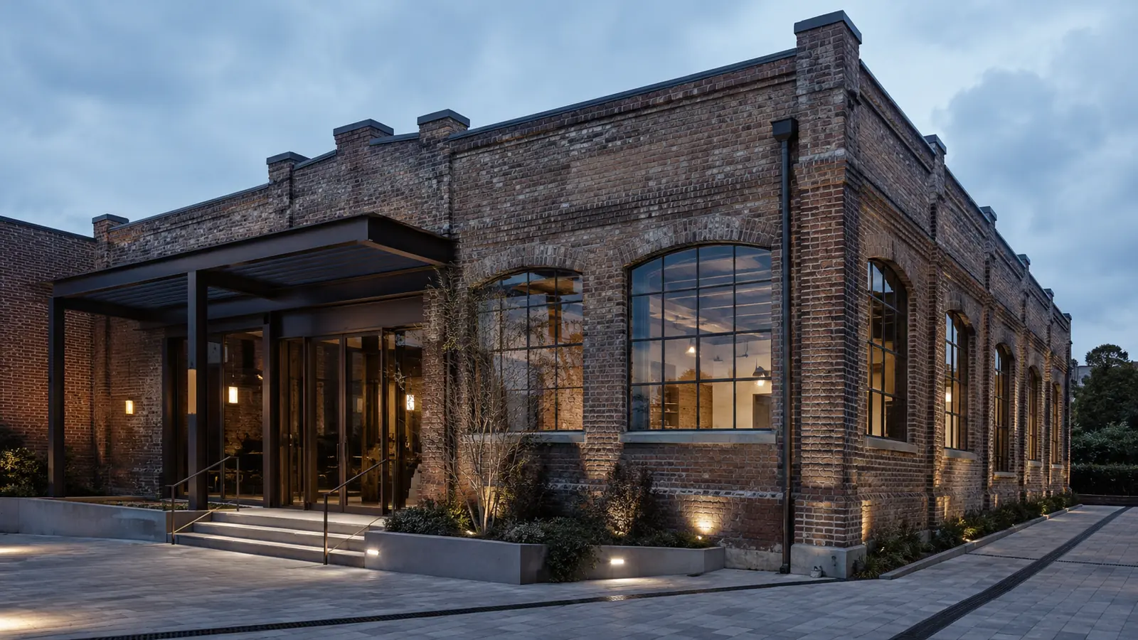 Blue hour brick hospitality venue — architectural study by Artimist Productions