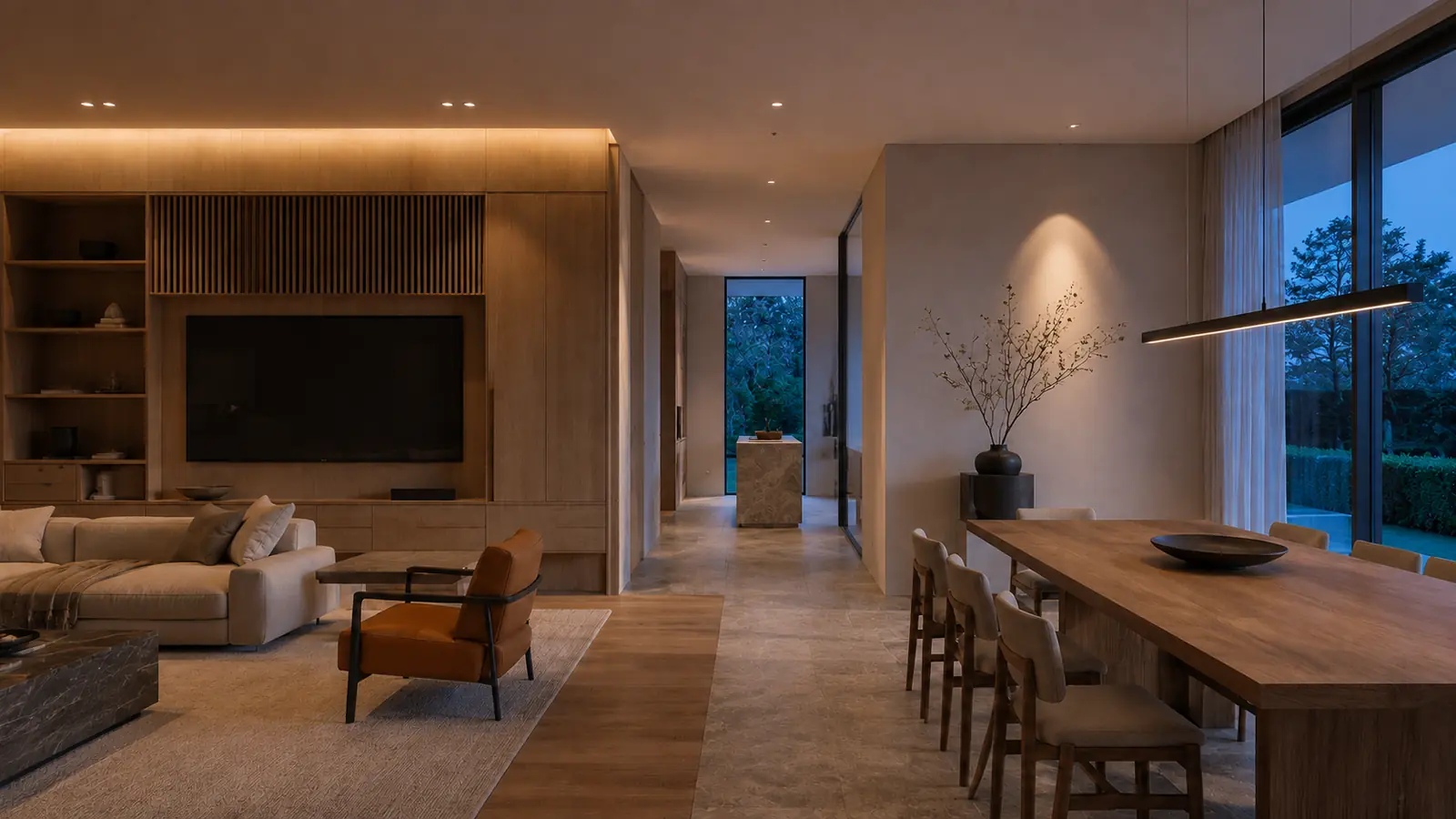 Blue-hour residential living and dining interior
