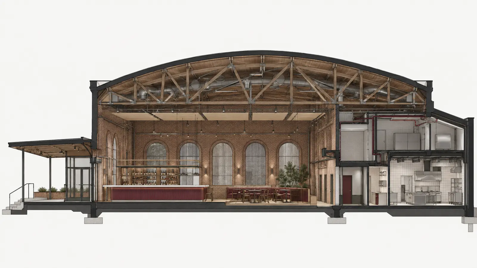 Longitudinal section through a brick hospitality venue